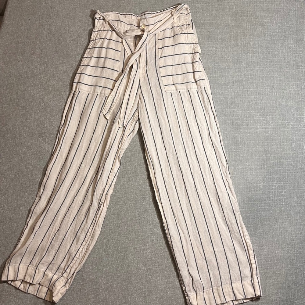 HALSTON Women's Wide Leg 100% Linen‎ Pants Cream Navy Stripe Tie Waist Size 10